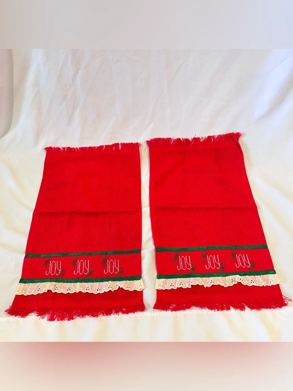 Vintage Christmas JOY Hand Towels Set Red Holiday Decor